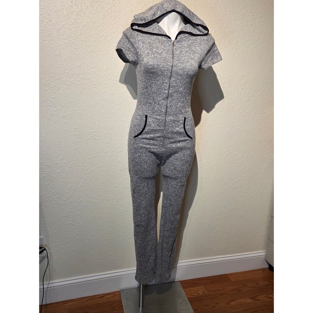 Love J Womens Grey Marled Knit Hooded Short Sleeve Zip Front Jumpsuit Size L